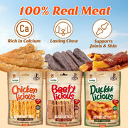 Dentalight - Jerky Dog Training Treats, Chicken/Duck/Beef, RawHide Layer, Real Meat, Dietary Fiber, Immune Support, 7.41 oz(210g), Pack of 3 (3 Flavors) DL-25-27